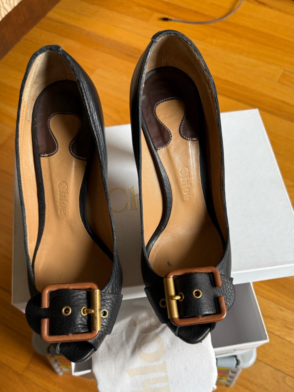 Chloe Black Leather Buckle Pumps
